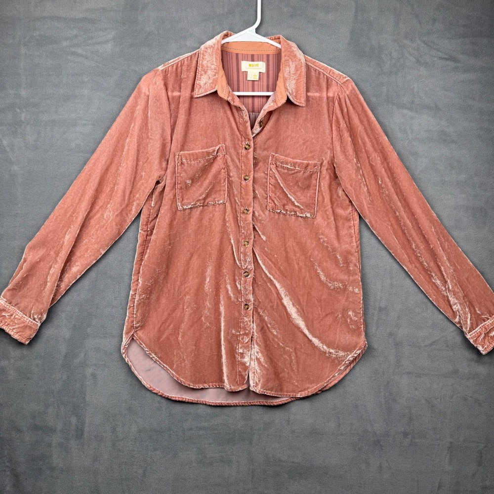 Maeve Anthropologie‎ Velvet Button Up Shirt Rose Mauve Pink Long Sleeve Women 2